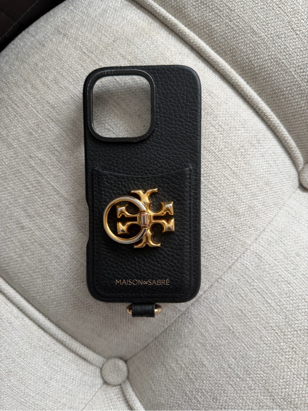 MAISON de SABRÉ Black Leather Phone Case with Tory Burch Gold Emblem